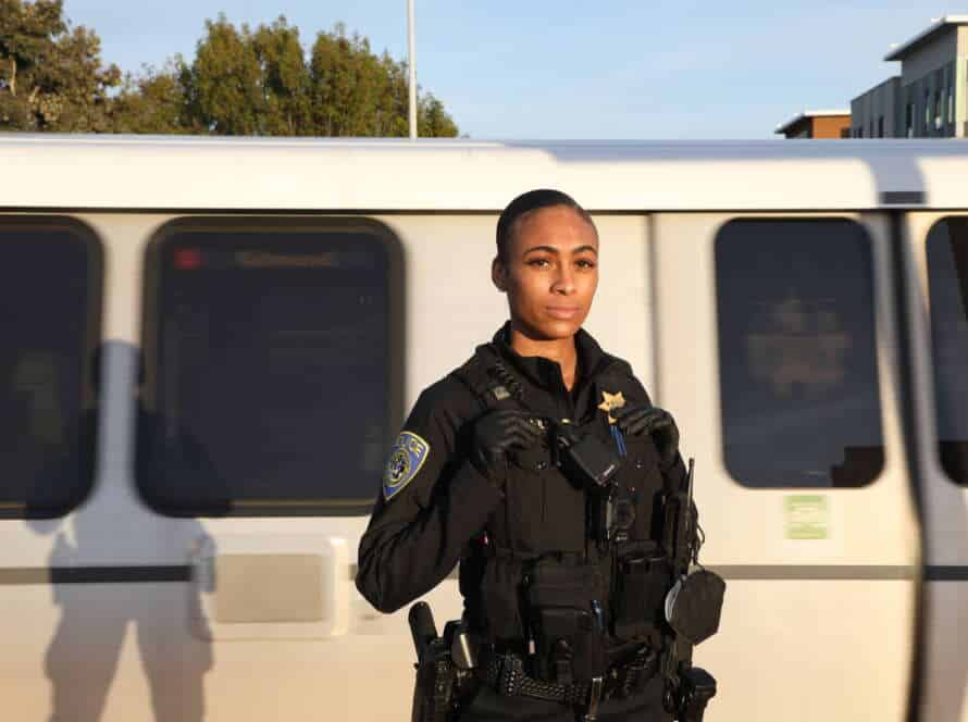 BART PD Recruiter on train platform.